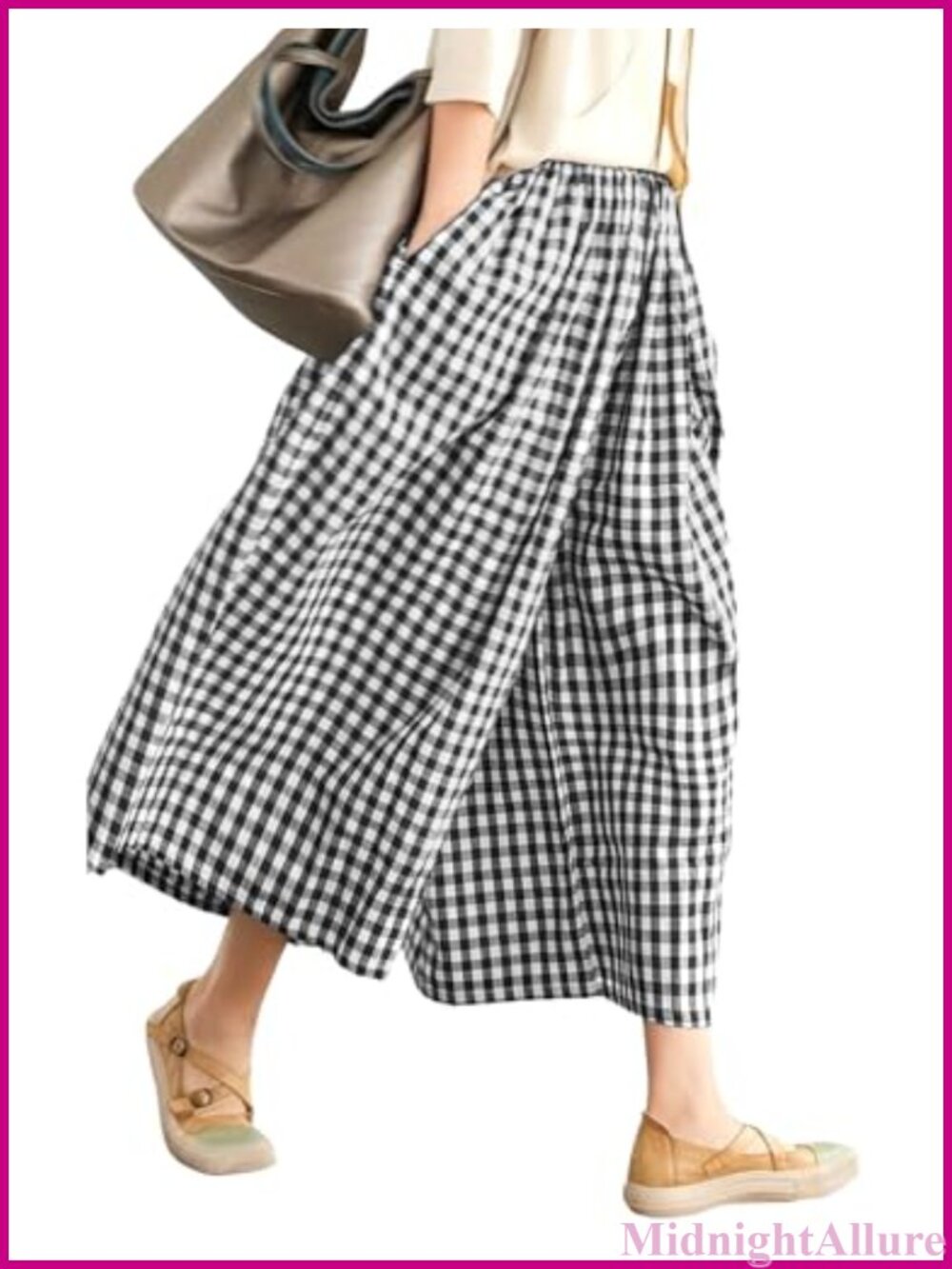 Wide Leg Capri Pants Gingham Plaid Crop Culottes Cotton